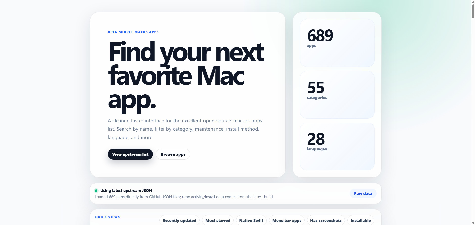 Mac Apps Directory, un front-end Astro enriquecido con datos de GitHub en vivo en el momento del build